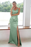 Burgundy Sheath V Neck Satin Long Bridesmaid Dress With Split