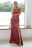 Burgundy Sheath V Neck Satin Long Bridesmaid Dress With Split