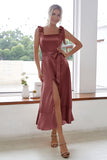 Champagne Square Neck Short Bridesmaid Dress With Slit