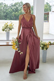 Dark Green Backless V-Neck Long Bridesmaid Dress With Side Slit