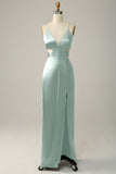 Spaghetti Straps Cut Out Olive Long Bridesmaid Dress with Slit