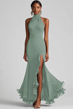 Terracotta Halter Sheath Ruffle Formal Dress with Slit