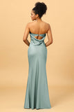 Grey Blue Satin Mermaid Bridesmaid Dress