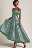 Off the Shoulder Satin Olive A-Line Mother of the Bride Dress
