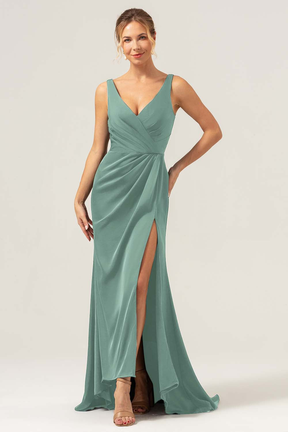 Leely Women Dark Navy V-Neck Satin Mermaid Bridesmaid Dress with Slit Pleated Floor-Length Wedding Party Dress leelyuk Leely Women Dark Navy V-Neck Satin Mermaid Bridesmaid Dress with Slit Pleated Floor-Length Wedding Party Dress leelyuk
