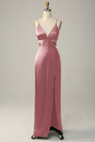 Spaghetti Straps Cut Out Olive Long Bridesmaid Dress with Slit