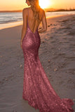 Sparkly Silver Spaghetti Straps Mermaid Sequined Formal Dress