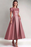 A-Line Satin Fuchsia Short Sleeves Mother of the Bride Dress