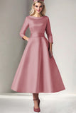 Pink Satin A-Line Tea Length Mother of the Bride Dress