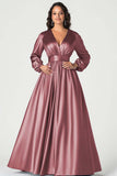 Grey Blue Satin A-Line Mother of the Bride Dress with Long Sleeves