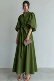 Ivory Puff Sleeves A Line Maxi Formal Dress with Sash