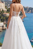 Appliqued White A Line Corset Long Wedding Dress