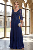 Navy A Line Floral Pleated Long Mother of the Bride Dress