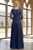 Navy A Line Floral Pleated Long Mother of the Bride Dress