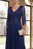 Navy A Line Floral Pleated Long Mother of the Bride Dress
