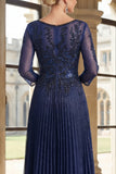 Navy A Line Floral Pleated Long Mother of the Bride Dress
