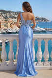 Light Blue Mermaid One Shoulder Long Prom Dress with Slit