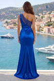 One Shoulder Mermaid Royal Blue Long Prom Dress with Sit