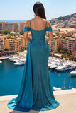 Cold Shoulder Mermaid Ruched Teal Blue Long Prom Dress with Slit