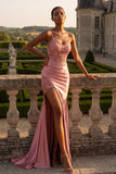Blush Mermaid Appliqued Long Prom Dress with Slit