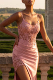 Blush Mermaid Appliqued Long Prom Dress with Slit