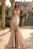 Mermaid Corset Champagne Sweetheart Long Prom Dress with Slit