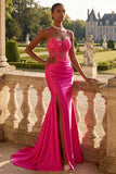 Fuchsia Mermaid Corset Ruched Long Prom Dress with Slit