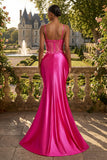 Fuchsia Mermaid Corset Ruched Long Prom Dress with Slit