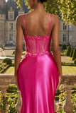 Fuchsia Mermaid Corset Ruched Long Prom Dress with Slit