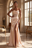 Champagne Mermaid Corset Ruched Long Prom Dress with Slit