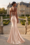 Champagne Mermaid Corset Ruched Long Prom Dress with Slit