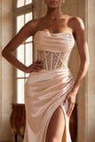 Champagne Mermaid Corset Ruched Long Prom Dress with Slit
