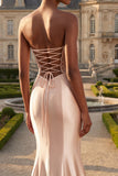 Champagne Mermaid Corset Ruched Long Prom Dress with Slit