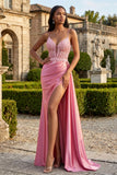 Appliqued Pink Mermaid Long Prom Dress with Slit