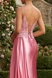 Appliqued Pink Mermaid Long Prom Dress with Slit