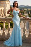 Floral Blue Mermaid Spaghetti Straps Long Prom Dress