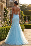 Floral Blue Mermaid Spaghetti Straps Long Prom Dress