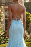 Floral Blue Mermaid Spaghetti Straps Long Prom Dress