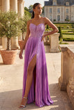 Pleated Purple A Line Long Prom Dress with Slit