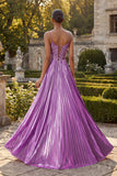 Pleated Purple A Line Long Prom Dress with Slit