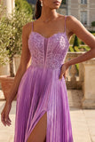 Pleated Purple A Line Long Prom Dress with Slit