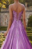 Pleated Purple A Line Long Prom Dress with Slit