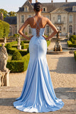 Satin Beaded Mermaid Blue Long Prom Dress with Slit