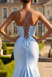 Satin Beaded Mermaid Blue Long Prom Dress with Slit