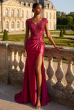 Floral Mermaid Ruched Burgundy Long Prom Dress with Slit