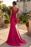 Floral Mermaid Ruched Burgundy Long Prom Dress with Slit