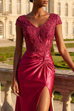 Floral Mermaid Ruched Burgundy Long Prom Dress with Slit