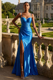 Royal Blue Beaded Mermaid Corset Long Prom Dress with Slit