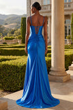 Royal Blue Beaded Mermaid Corset Long Prom Dress with Slit