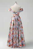 Blue Red Flower Off The Shoulder Ruched A Line Prom Dress